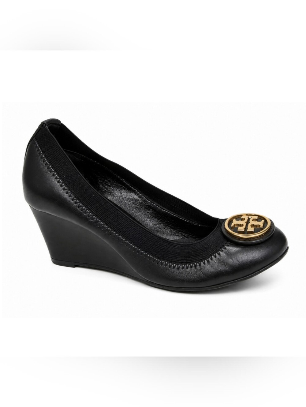 Tory Burch Caroline Wedge Pump 6 Black Leather Gold Logo Office Quiet Luxury